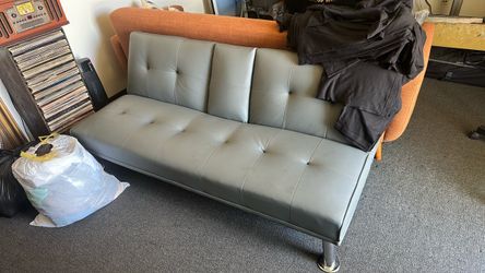 Gray Faux Leather Tufted Futon Sofa