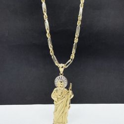 14k Gold fígaro Rope and San Judas Charm , pendant Gold Necklance