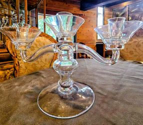 Unused Clear Crystal 3-Arm Candelabra Candle Holder.