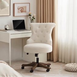 Beige Home Office Chair Adjustable Height Swivel Chair Fabric Computer Desk Chair with Wooden Legs Comfortable Armless Chair