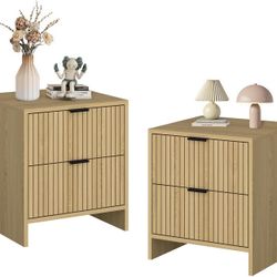 Modern Nightstand with 2 Drawers, Set of 2 Fluted Sofa Side End Table, Wood Bedside Table Night Stand for Living Room, Bedroom, Natural Oak