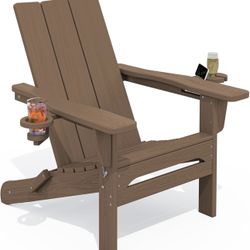 Modern Adirondack Chair, Folding Adirondack Chair with Cup Holders, Brown