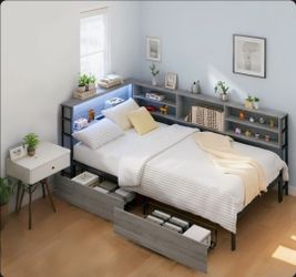 🔥🔥Full Corner Bed Frame with Bookcase Headboard & Charging Station, LED Lights