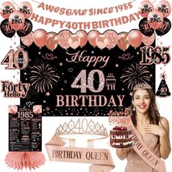 40th Birthday Decorations For Women Black Rose Gold, 40th Birthday Crown And Sash Awesome Since 1985 Banner Backdrop Balloons Cake Topper Table Sign H