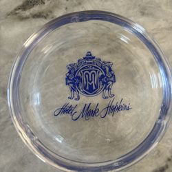Vintage Historic  Hotel Mark Hopkins, San Francisco, CA., Clear And Blue Logo Round Three Notch Glass Ashtray