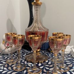 Vintage Bohemian Cranberry Cabochon and Gold Cordial Set