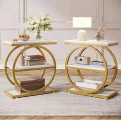 Set of 2 End Table with Storage Shelves , 3-Tier Wooden Industrial Sofa Side Table with Black Metal Frames for Living Room, Slim Nightstand and Bedsid