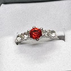 Beautifully Simple Silver Tone Ring w/ Red & Clear Stones