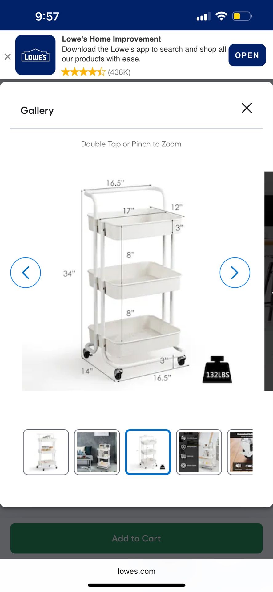 3 Tier Rolling Cart white