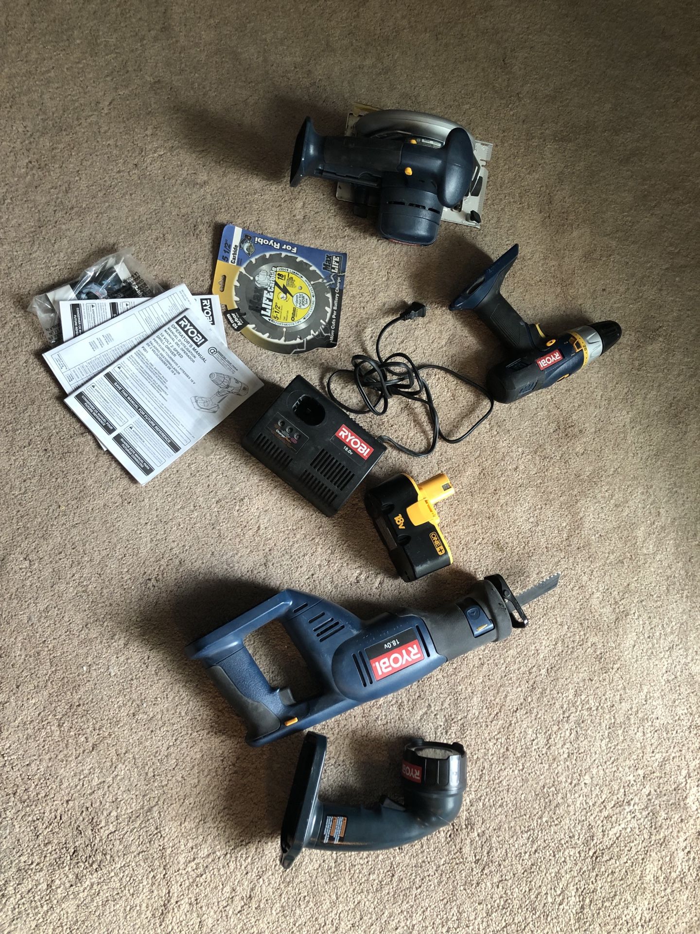Ready for summertime projects! with RYOBI Combo Kit 6 piece set: Drill/Driver Reciprocating Saw Circular Saw LED Worklight 18v Battery Charger