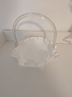 Vintage Fenton Silvercrest Glass Basket w/Crimped, Ruffled Edge & Bamboo Handle 9" across