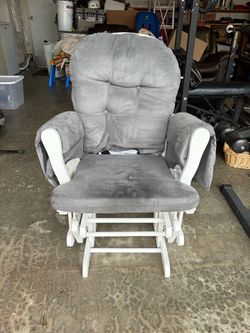 White Wooden Glider Rocking Chair with Gray Cushions