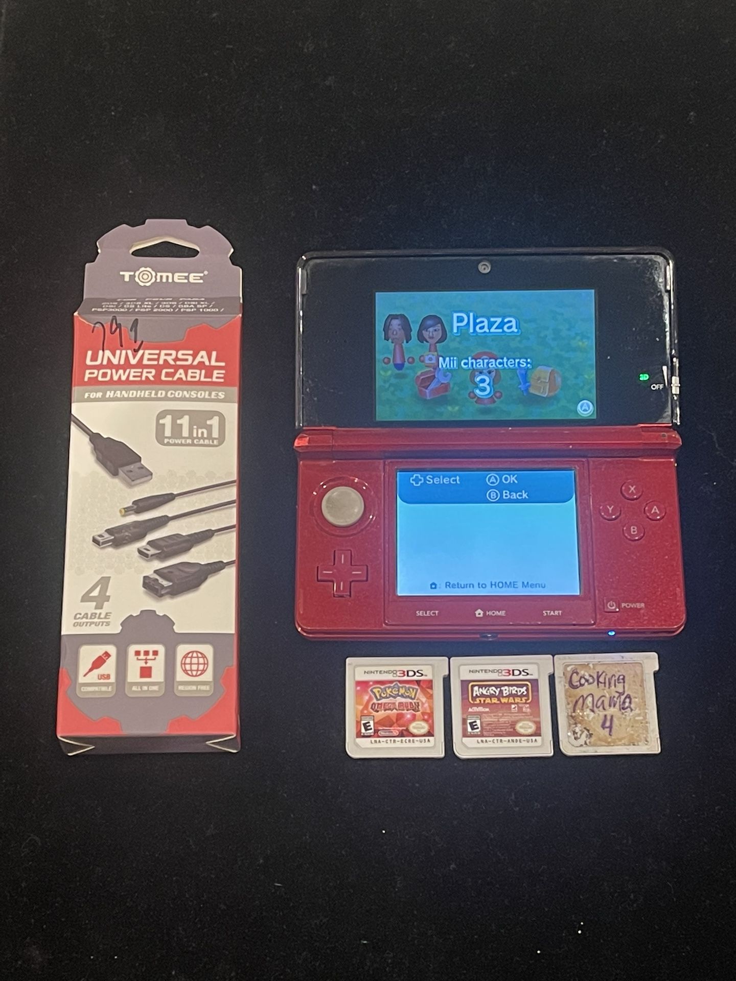 Nintendo 3DS Red Console w/ Charger + 3 Games Pokemon Angry Birds Cooking Mama