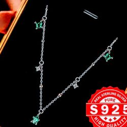 Sterling Silver Necklace w/Small Green & White Zirconia Stones