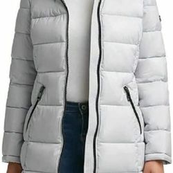 Andrew Marc Ladies' Long Stretch Parka Coat Fur Lined Hood Jacket, Light Gray Small