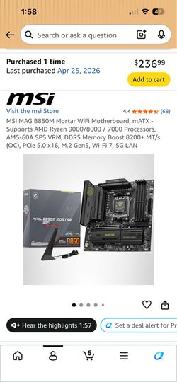 MSI MAG B850M Mortar WiFi Motherboard, mATX