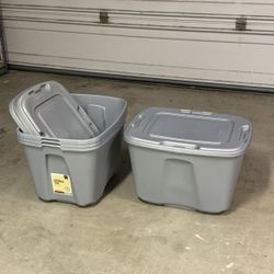 Four (4) 18 Gallon Gray Storage Bins Totes Perfect For Garage