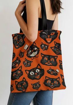 Halloween Cat Tote Bag Double Sided Print Orange & Black ~16”x14” Polyester BRAND NEW