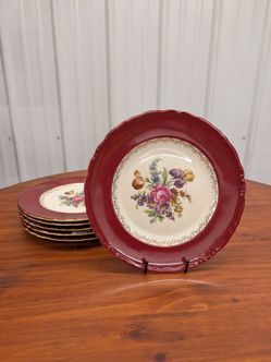 Vintage Floral Burgundy Dinner Plates Set of 7