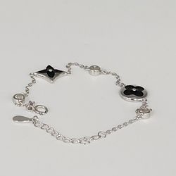 Dainty Silver Bracelet With Black Enamel Motif Charms 7.5"