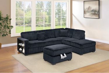 Black 3-Piece Sectional Set Reversible Chaise + Built-In Shelf + Storage Ottoman Brand New Firm Price $620