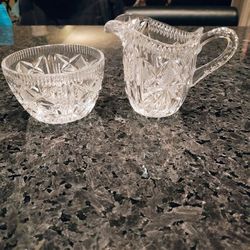 
VTG Cut Glass Crystal Creamer & Sugar Bowl Set MCM Starburst Elegant Design
