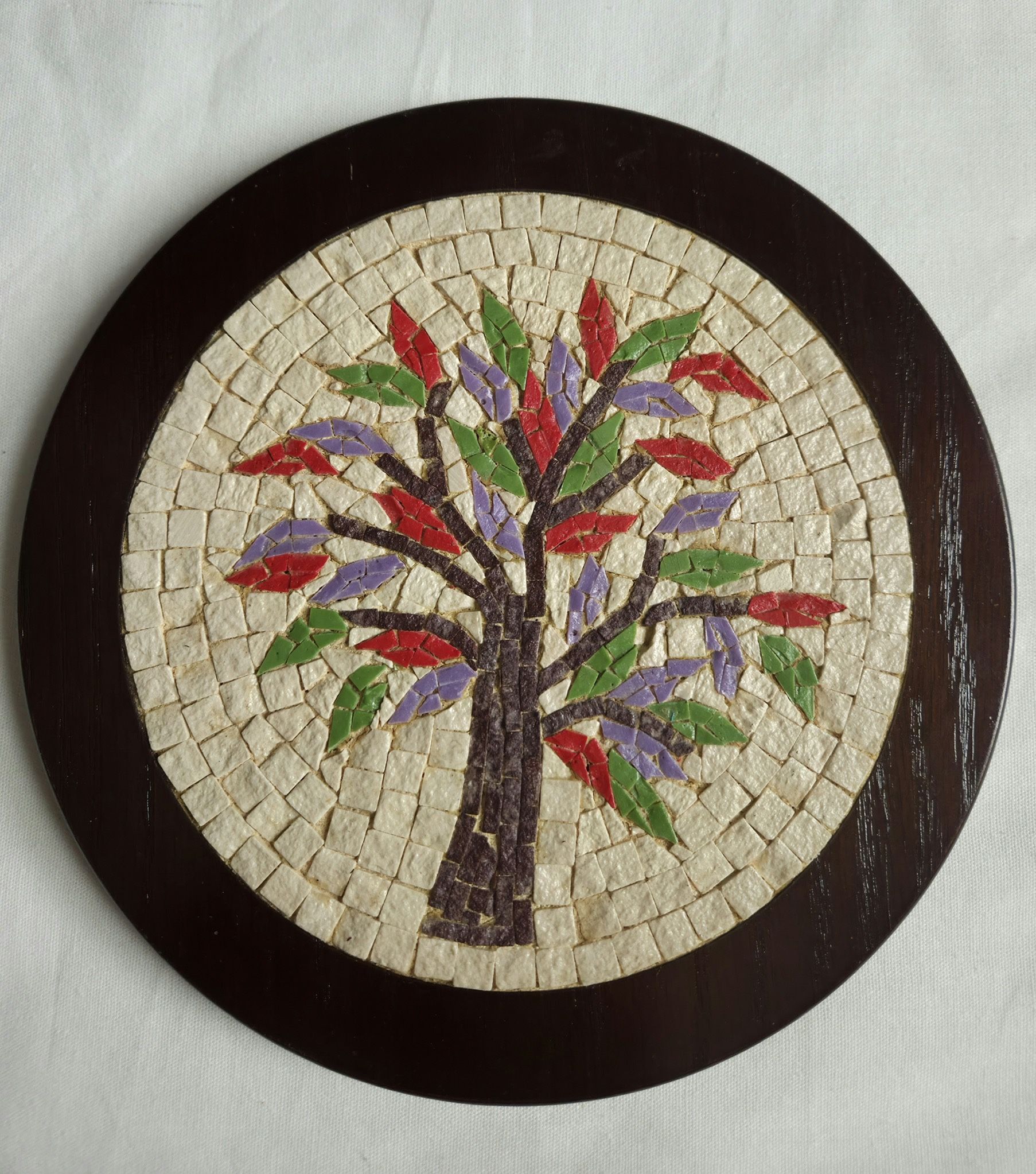 Vtg Mosaic Tree Of Life On Wood Wall Decor 7.5" in Diameter Marble/Stone