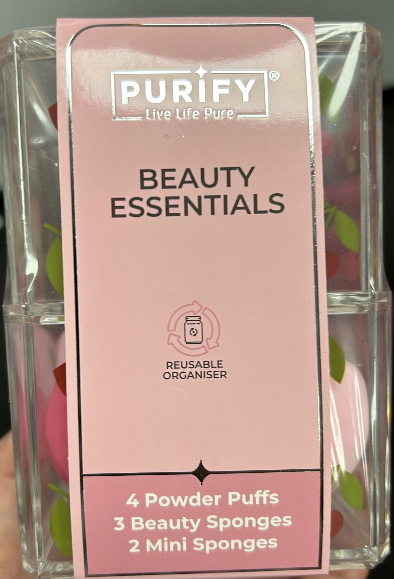 Purify Beauty Essentials Set - Includes 4 Powder Puffs 3 Beauty Sponges & 2 Mini Sponges in Reusable Organizer for Makeup Application