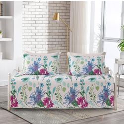 Jarson 3 Pcs Floral Daybed Cover Set Twin Size Purple Green White Flower Sofa Cover Bedding Sets Double Side Bed Set for All Season Botanical Pattern 