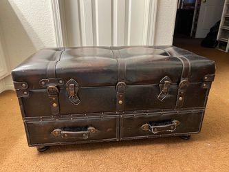 Vintage-Style Leather Trunk Ottoman with Drawers