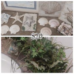 Decor- SEA SHELL THEME & 3  fake PLANTS 