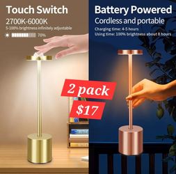 2 Pack Rechargeable Cordless Metal Table Lamps, LED Bedside Lamps with 3-Color Dimming, Portable Small Desk Lamps for Bedroom, Outdoor, Restaurant, Ba