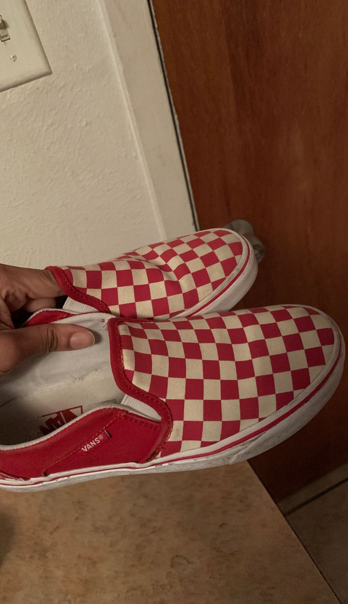 Red and white vans slip one size 8