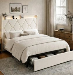 Queen size Bed Frame with Storage Drawer & LED Lights, Upholstered Wingback Headboard with Charging Station, No Box Spring Needed, Easy Assembly color