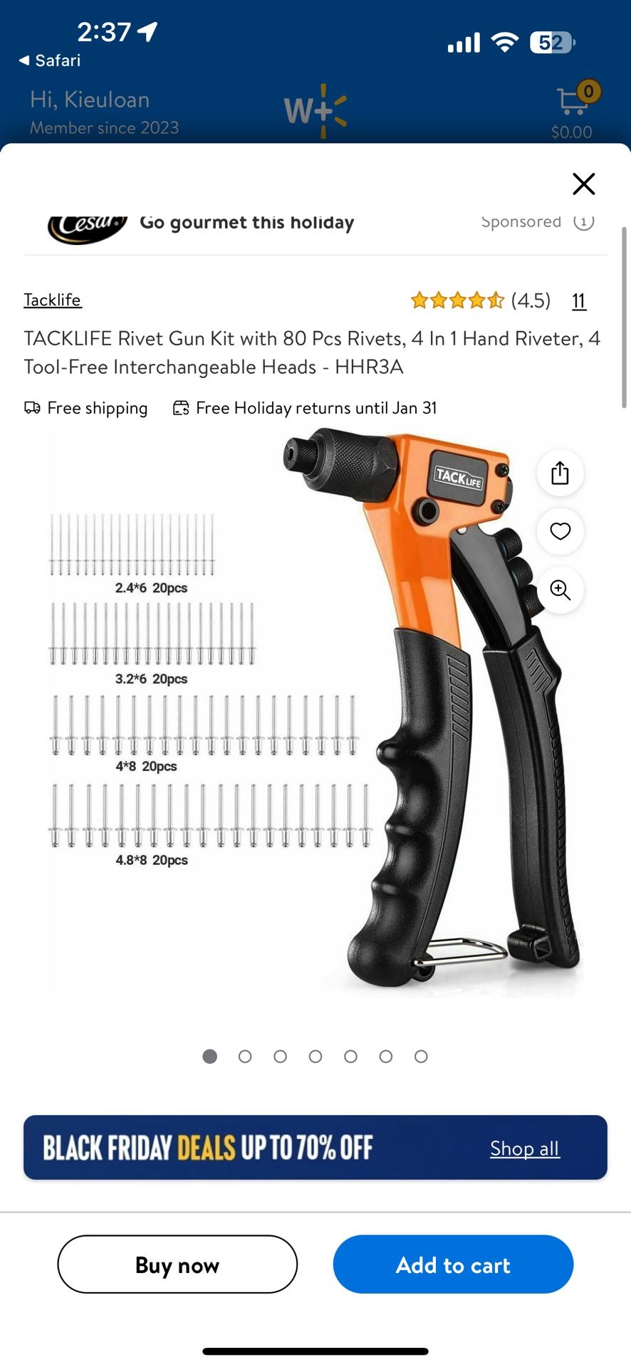 TACKLIFE Rivet Gun Kit with 80 Pcs Rivets, 4 In 1 Hand Riveter, 4 Tool-Free Interchangeable Heads -