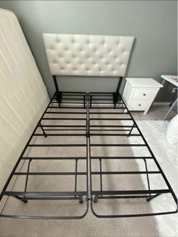 Full Size Bed Set with Metal Frame And Headboard head board. Beige cream color.