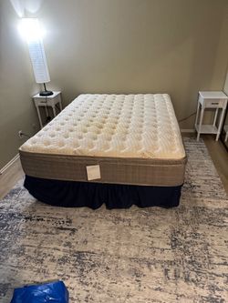 Queen mattress, box spring and metal frame (also headboard)