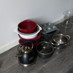 Kitchenware, bowls, kettle, pans, pots