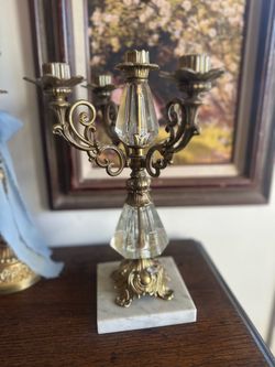 “12 Brass and Crystal 4-Arm Candelabra with Marble Base