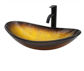 21.5 in. Gold Boat Shape Tempered Glass Vessel Bathroom Sink with Pop-up Drain