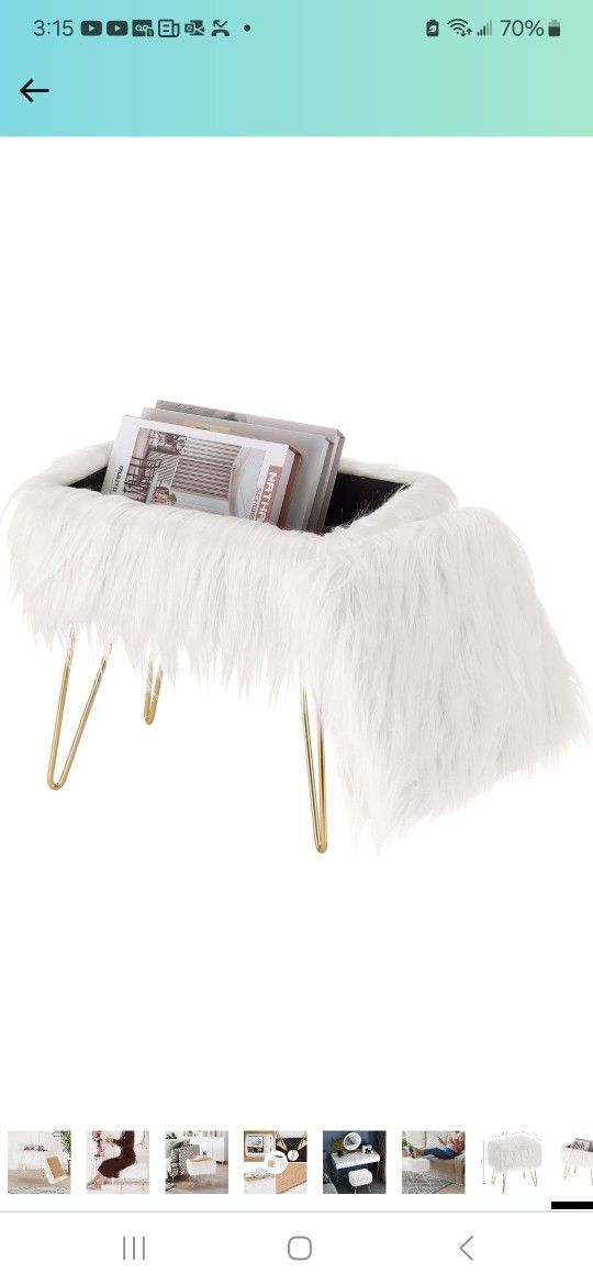 Vanity Stool Faux Fur Ottoman Cute Rectangle Faux Fur Chair with Storage, Fuzzy Bench Fluffy Footrest, for Girls Up to 330 LBS, for Makeup Room Bedroo