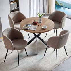 5 Piece Dining Table and Chair Set, 37-Inch Engineered Wood Round Table Set, Light Brown Fuzzy Sherpa Armchairs with Black Metal Leg for Small S