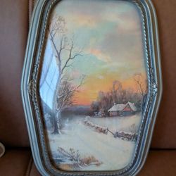 Antique framed convex bubble glass Art Work Landscape
