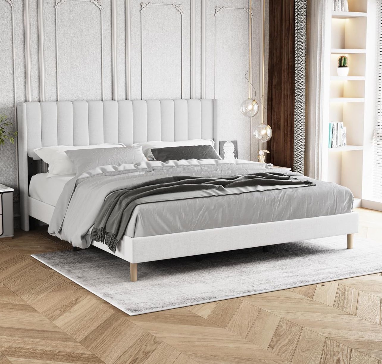 Upholstered Platform Bed Frame White, King