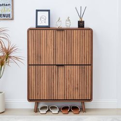 Fluted Shoe Cabinet Storage for Entryway,Slim Shoe Cabinet with 2 Flip Drawers, Narrow Shoes Rack Organizer (All Walnut, 2 Drawers)