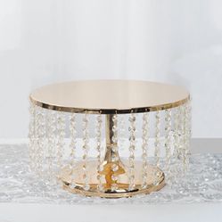 Metallic Gold Cake Stand, Cupcake Dessert Pedestal With Crystal Chains 14" Round 8" Tall