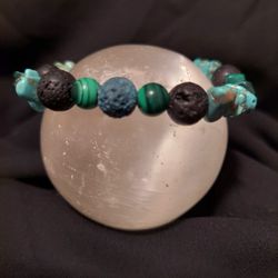 Malachite, Turquoise Howlite, Blue And Black Lava Rock  Crystal Bracelet 