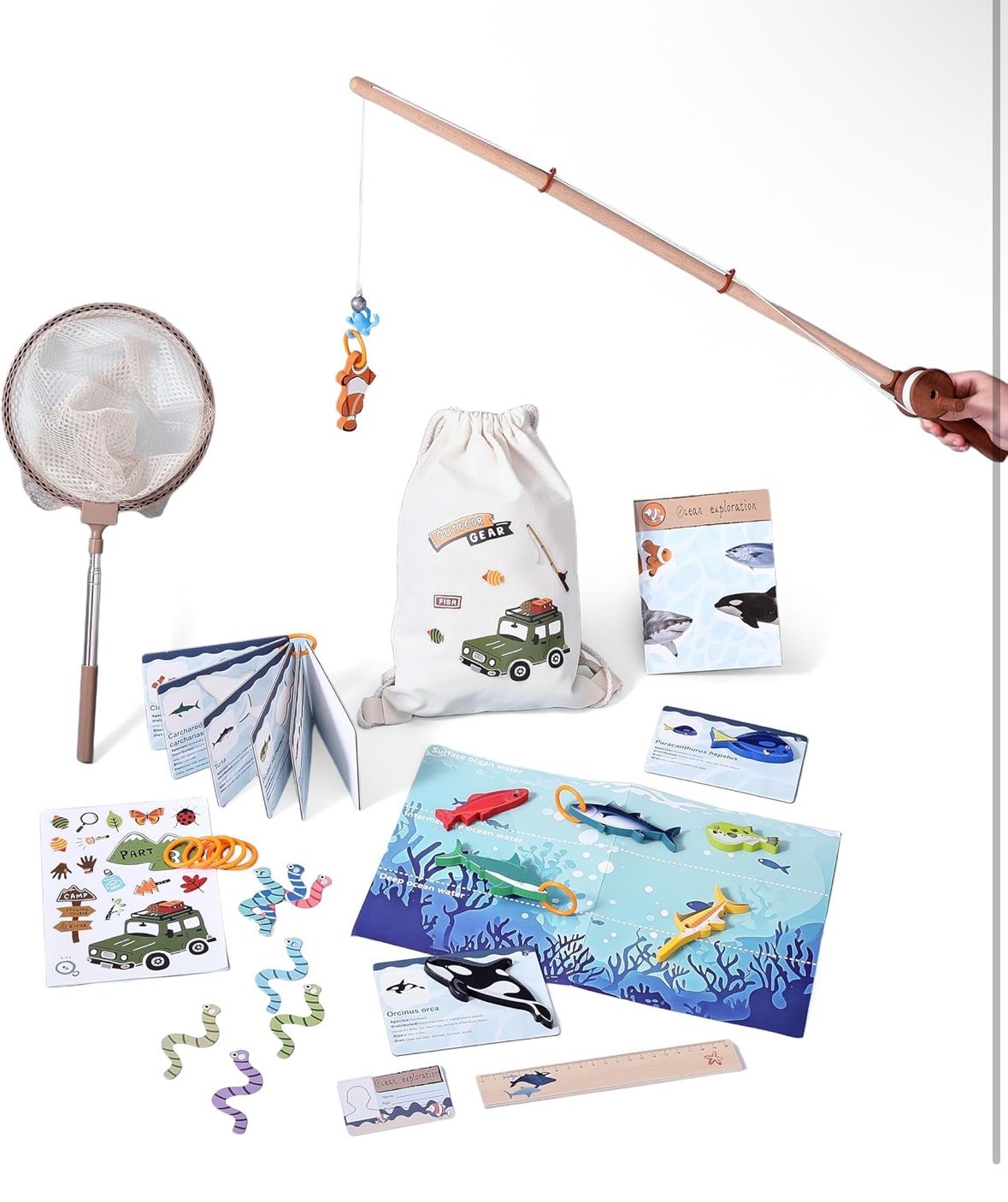 Outdoor Fishing Games for Kids 3-5, 33pcs Wooden Fish Toy Set