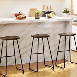 Solid Wood Saddle Bar Stools Set of 3, 30" Backless Barstool with Footrest for Kitchen Island