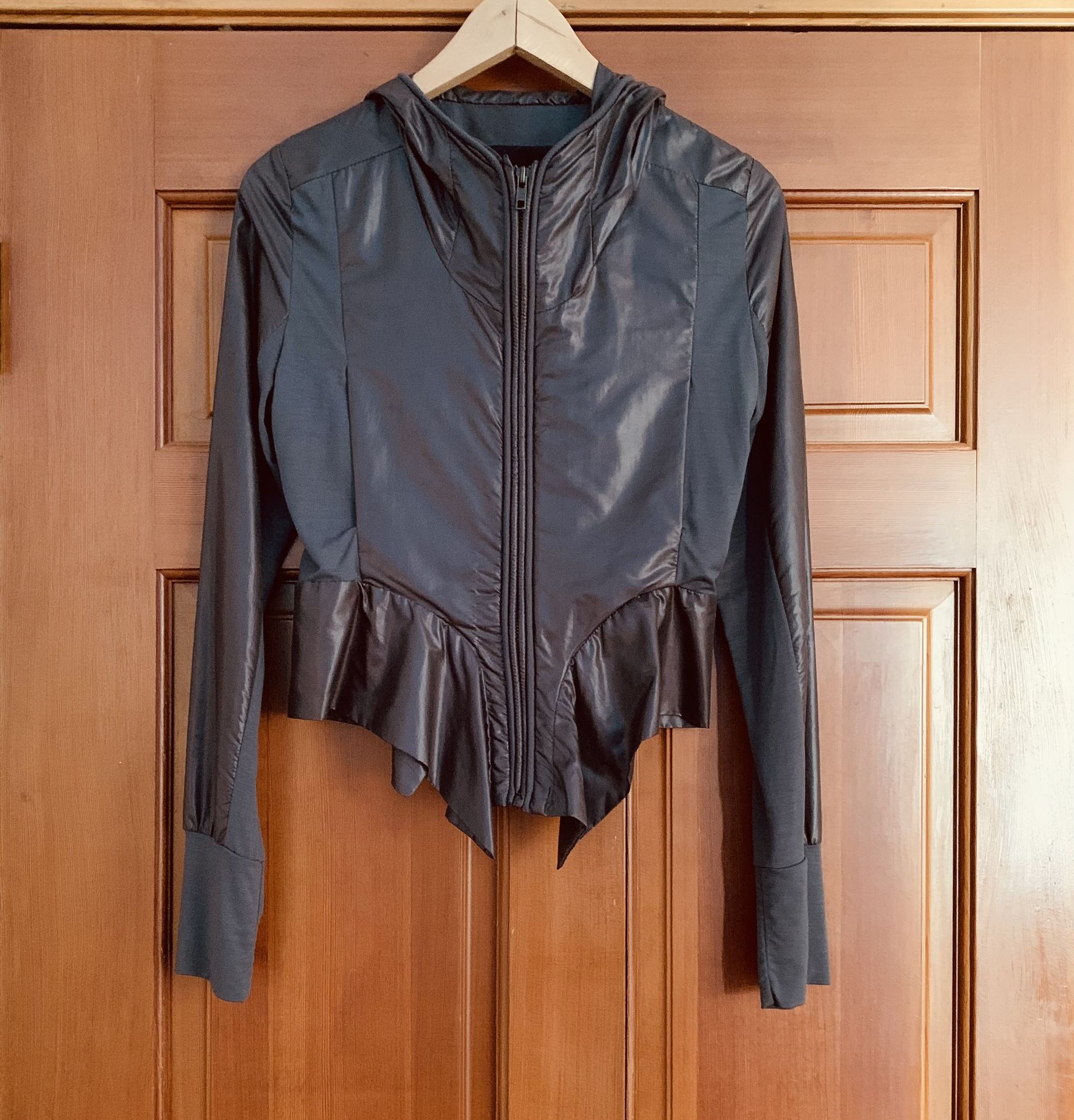Unique Vintage Chocolate Brown Peplum Zippered Jacket w Hoodie Sz S/ M, Like New I